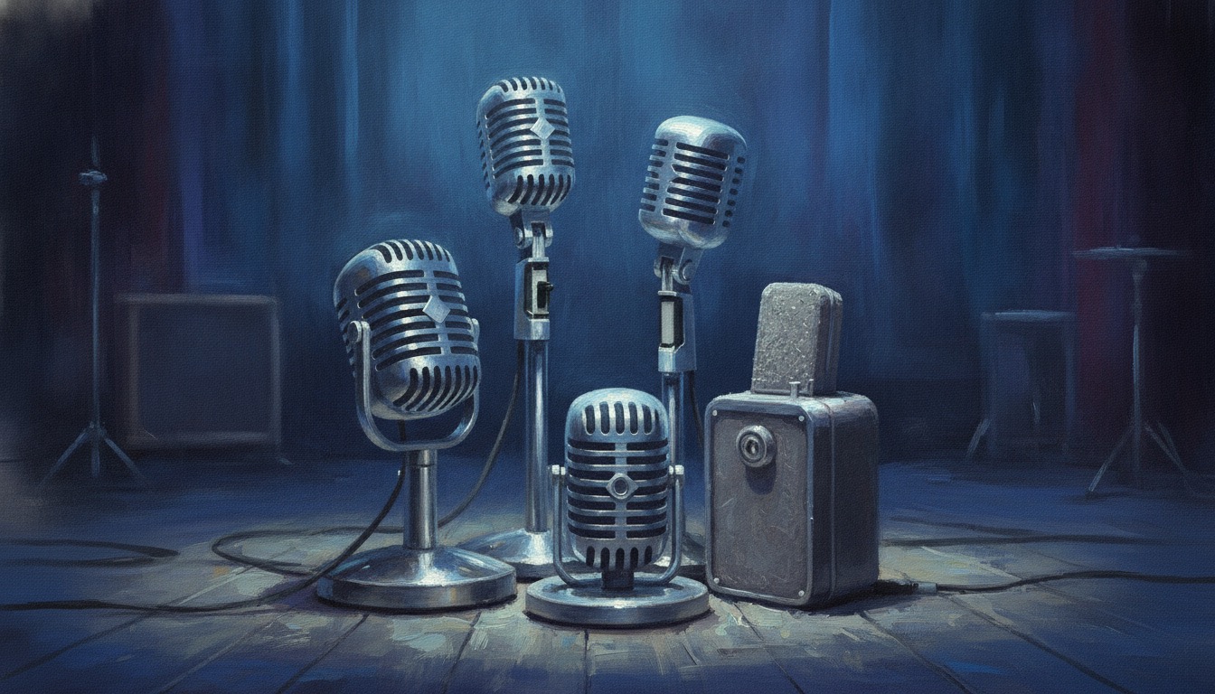 Four vintage microphones clustered together on a dim stage in soft blue light