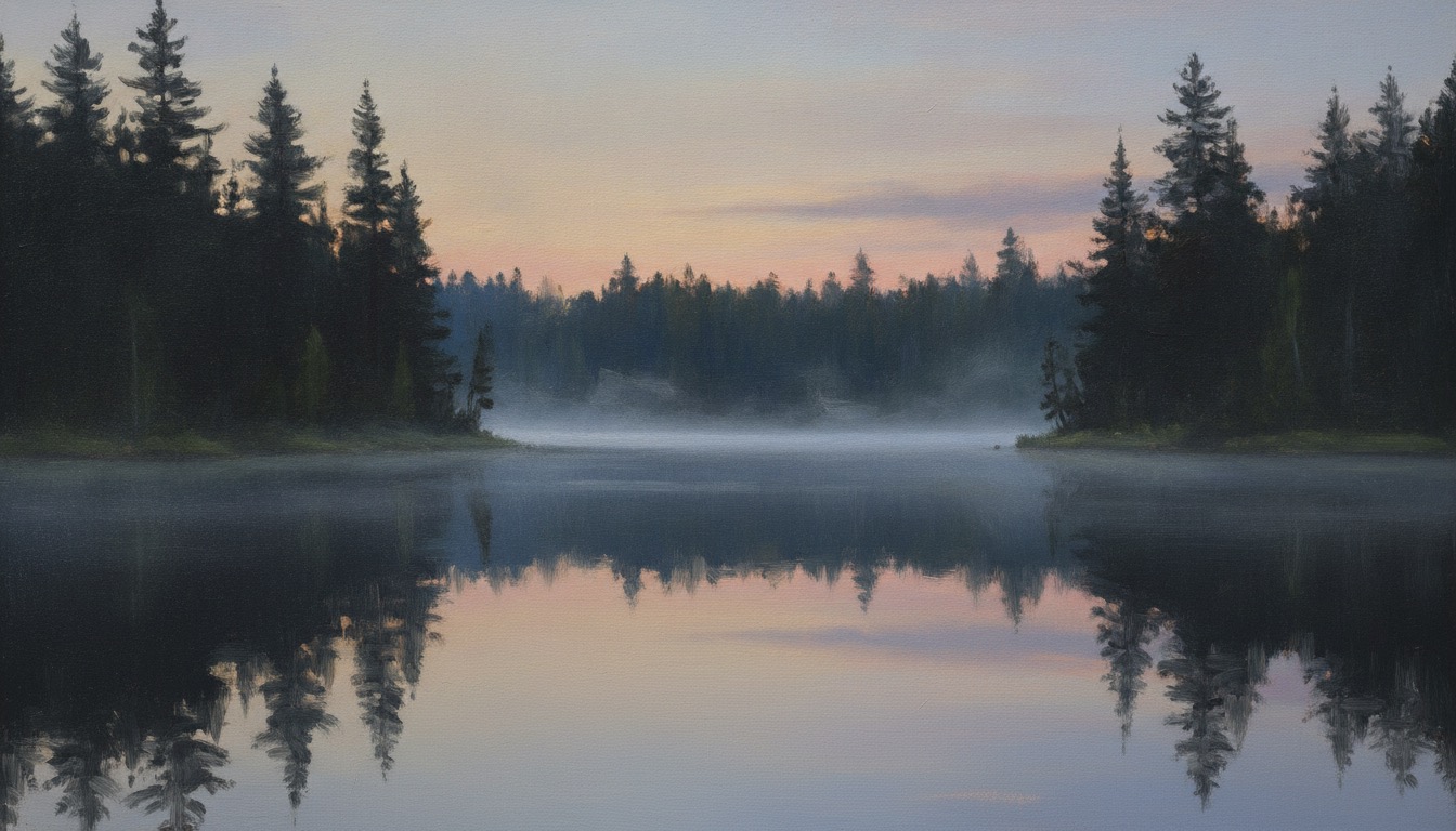 A calm northern lake at dawn ringed by evergreens with mirror-still water and low mist
