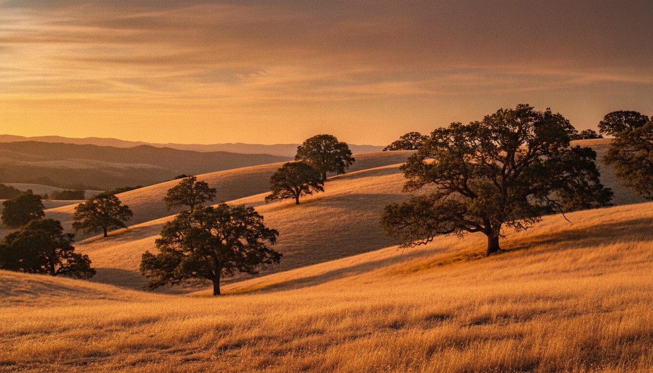 Northern California golden hills and oaks at sunset in warm nostalgic light