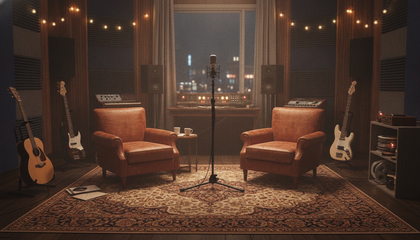 A warm intimate recording studio with two chairs facing each other and a single ribbon microphone