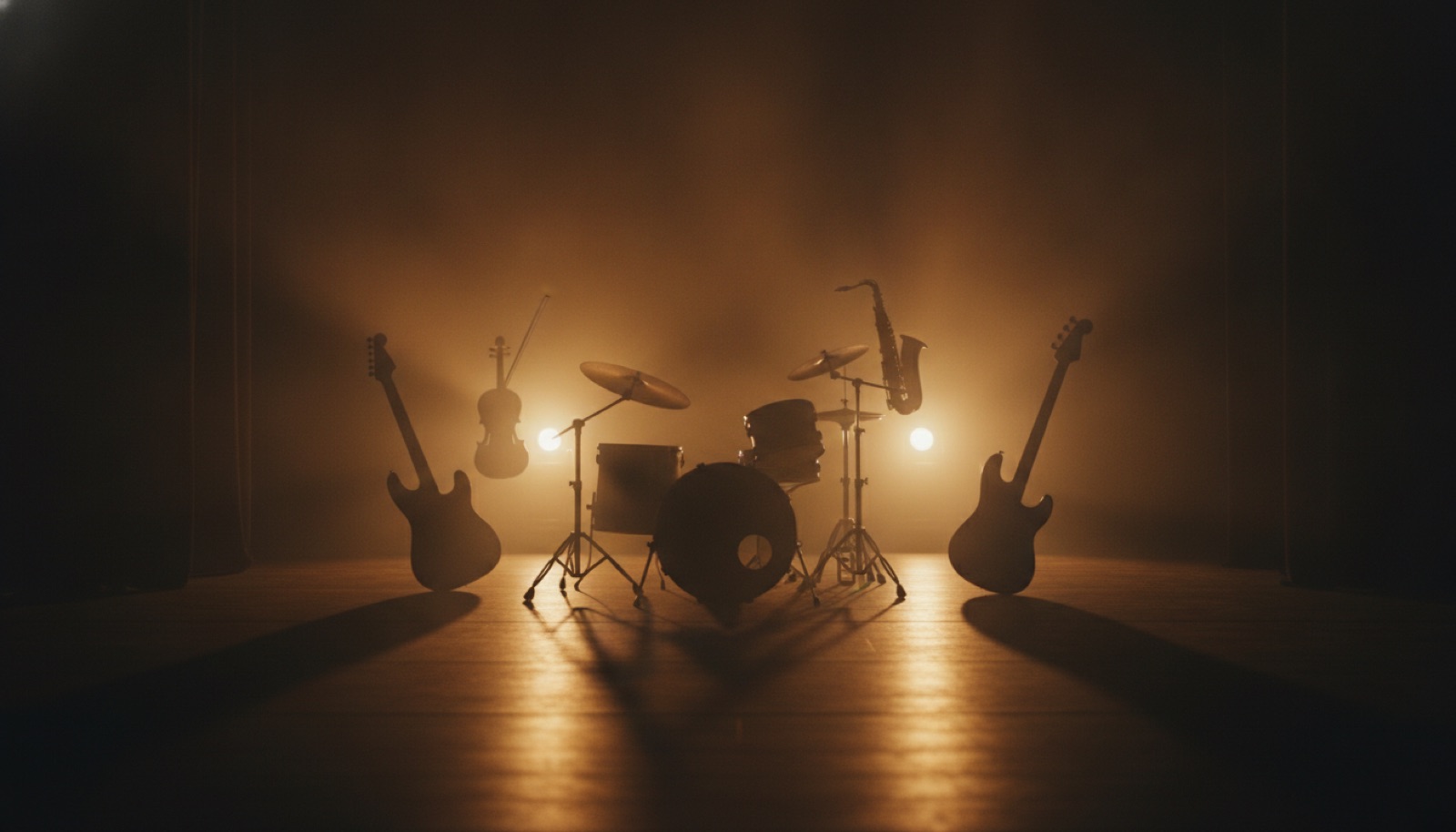 Five silhouetted musicians and instrument shapes arranged loosely on a dim stage under warm spotlights