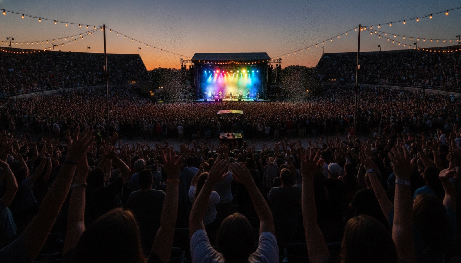 A vast summer amphitheater crowd at dusk with hands raised under string lights and a distant stage glow