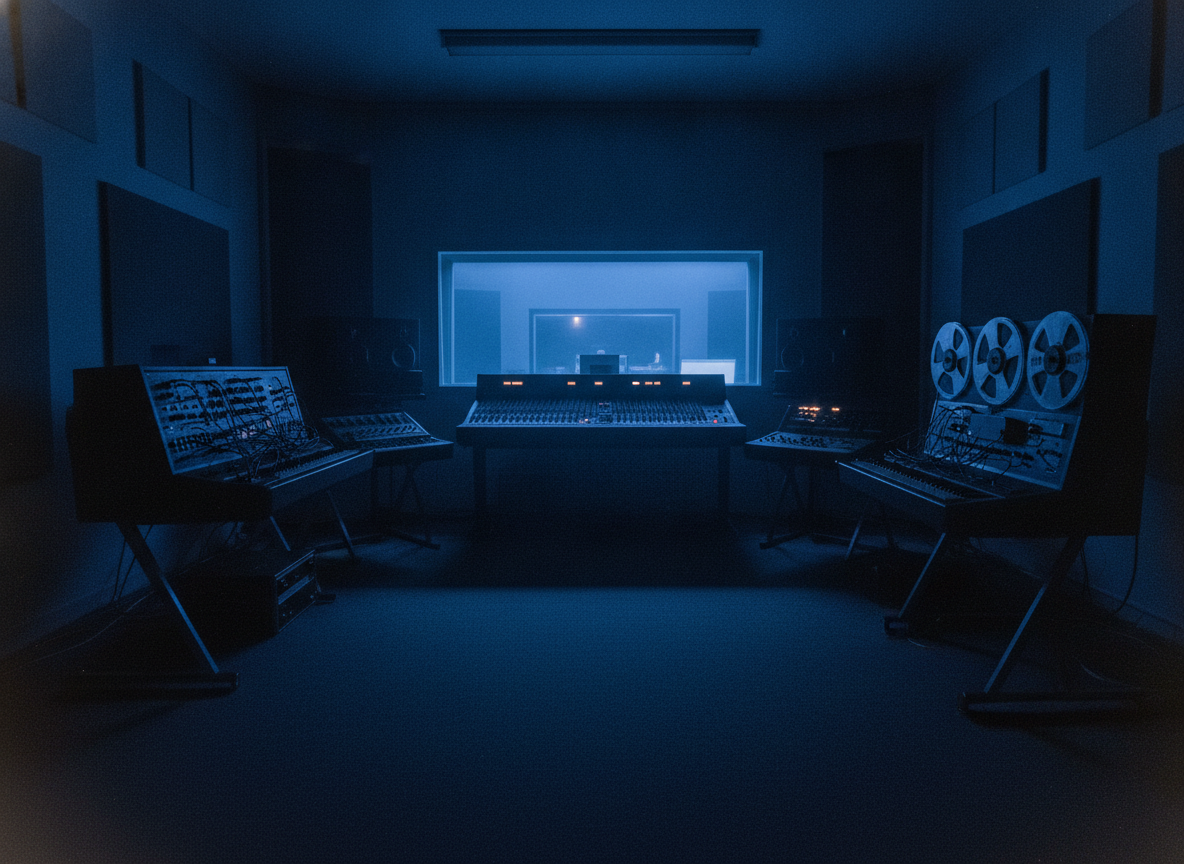 A moody, sparse recording studio bathed in cool blue light with silhouettes of vintage synthesizers