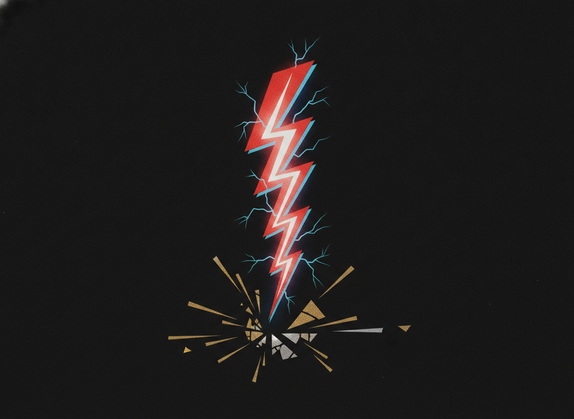 A single jagged bolt of red and electric-blue light splitting across a stark black field