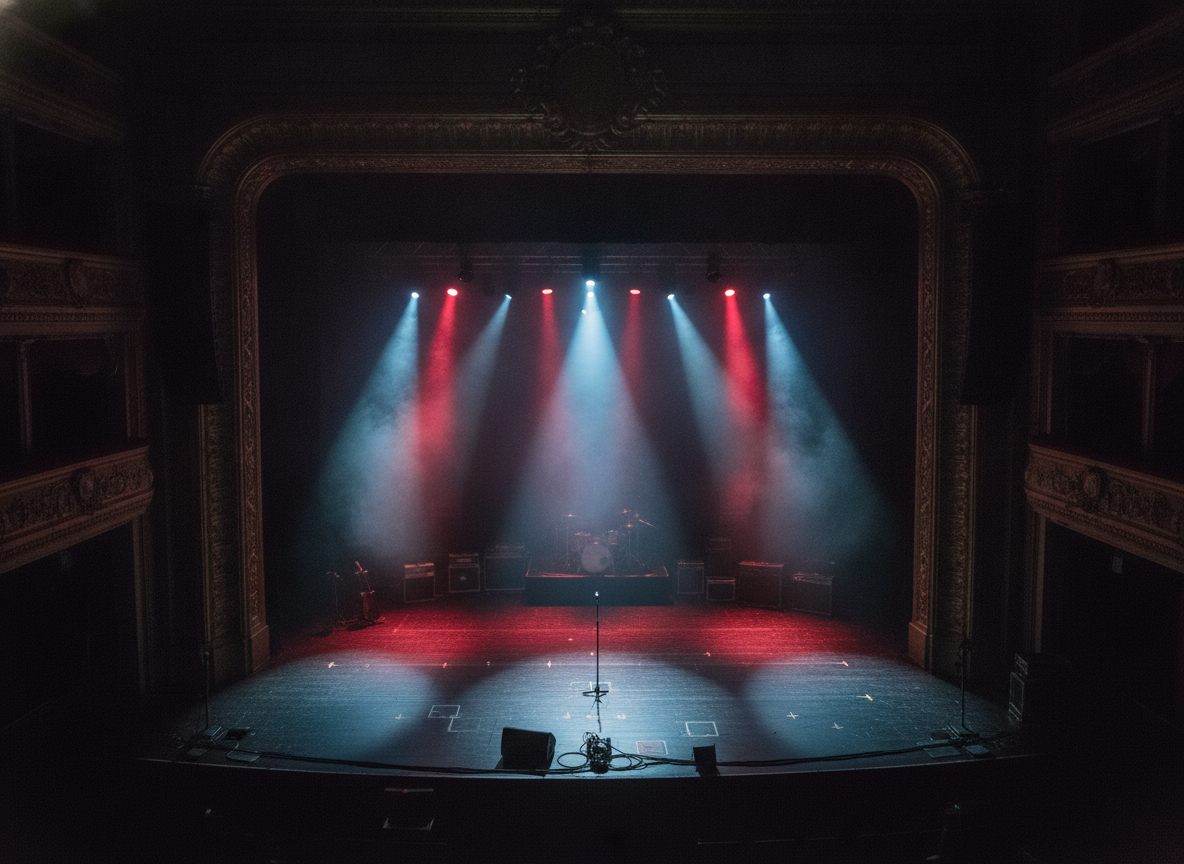 An empty theatrical stage washed in dramatic red and blue spotlights against deep shadow