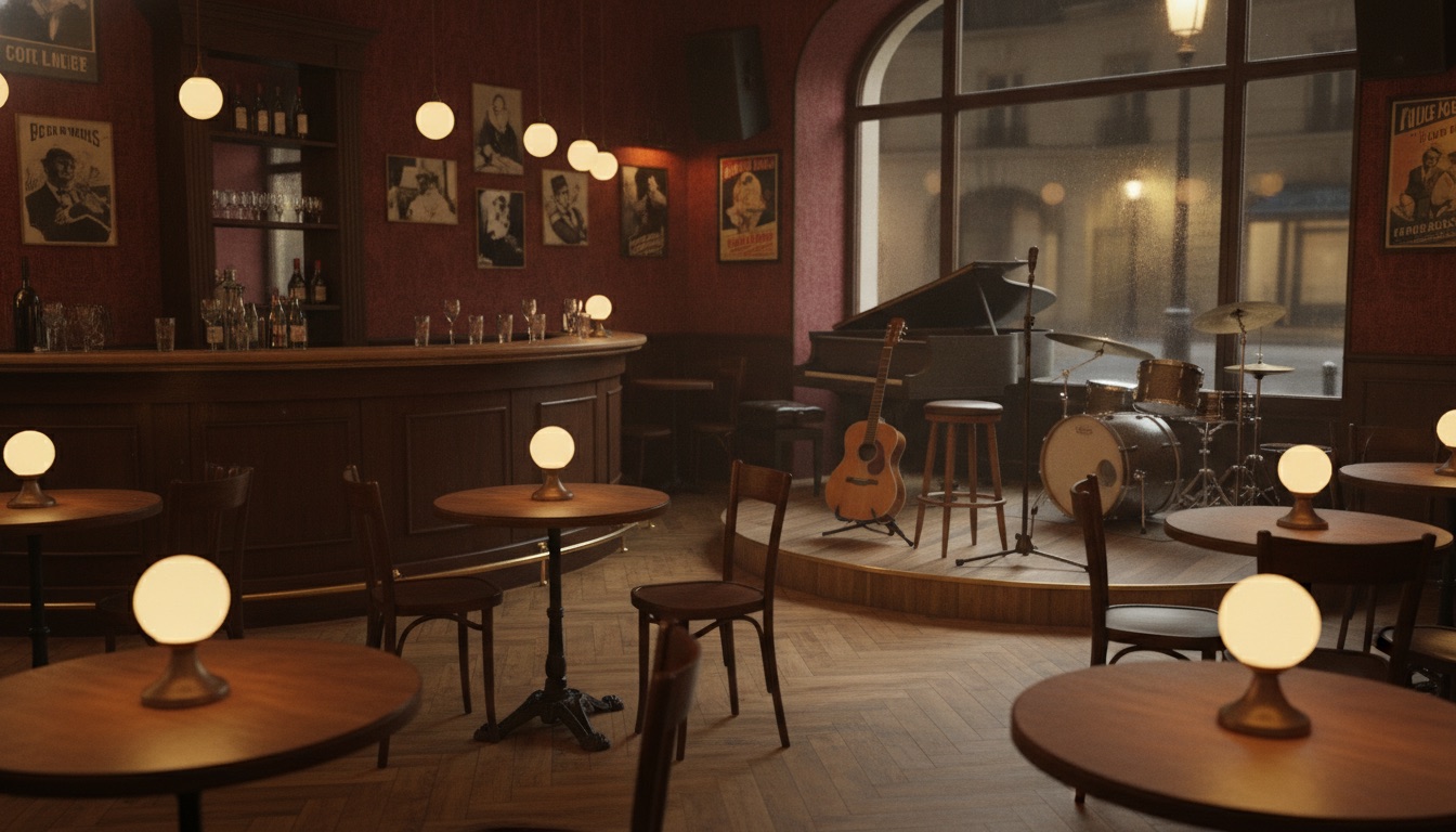 An empty warm Parisian-style jazz cafe at night with small round tables and soft lamplight