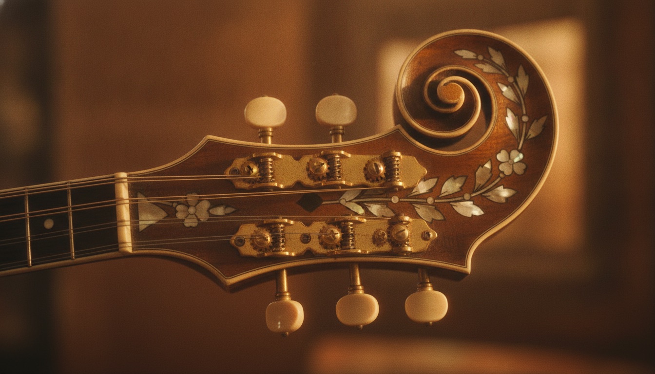 Close-up of the ornate scroll and tuners of an F-style mandolin in warm golden light
