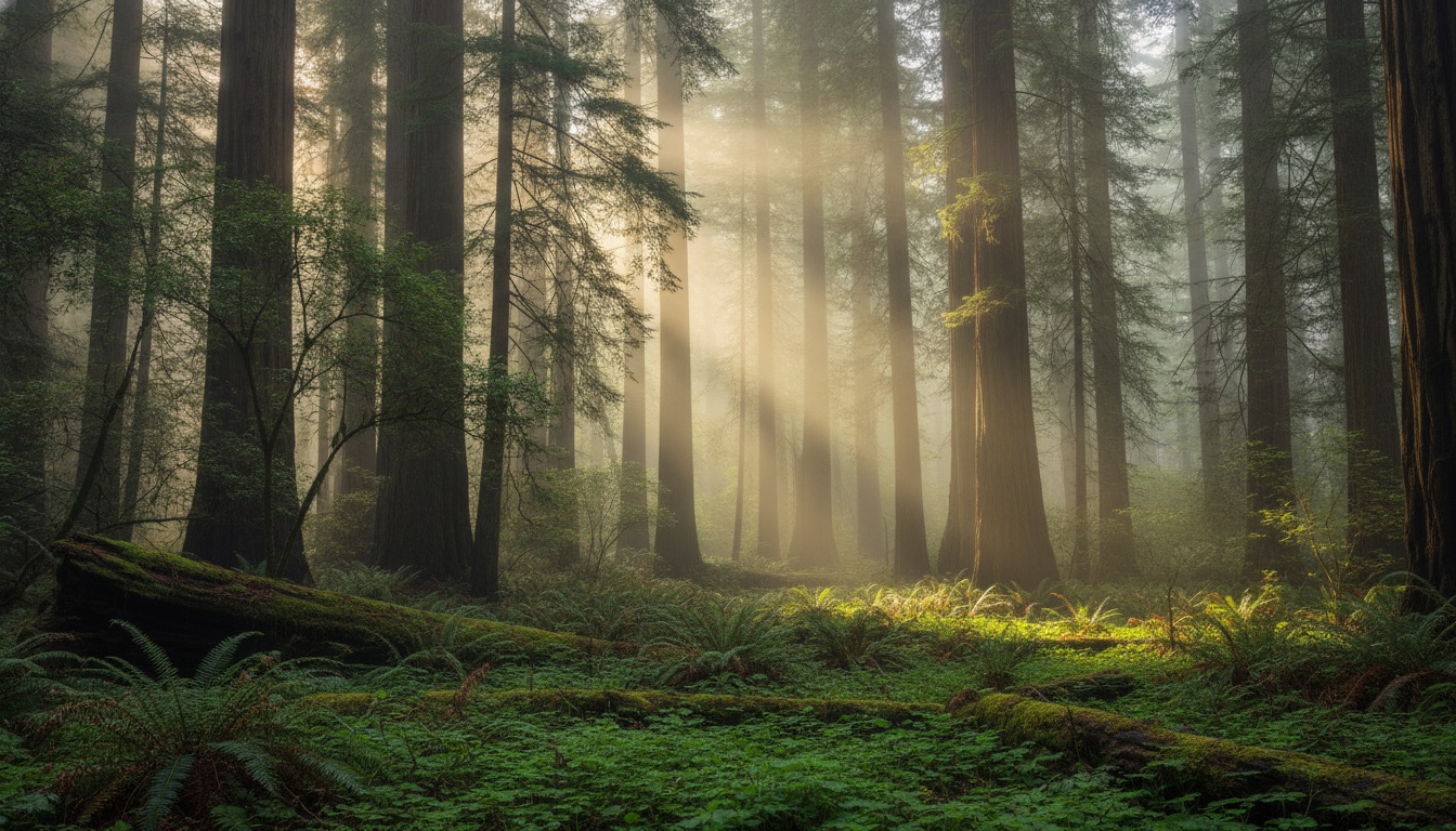 Tall Northern California coastal redwoods in soft morning fog with shafts of golden light