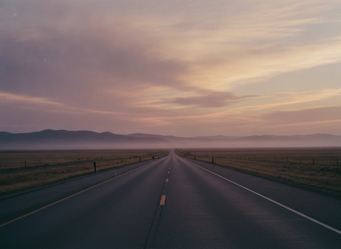 An empty two-lane road at dusk washed in soft violet light with hazy hills on the horizon