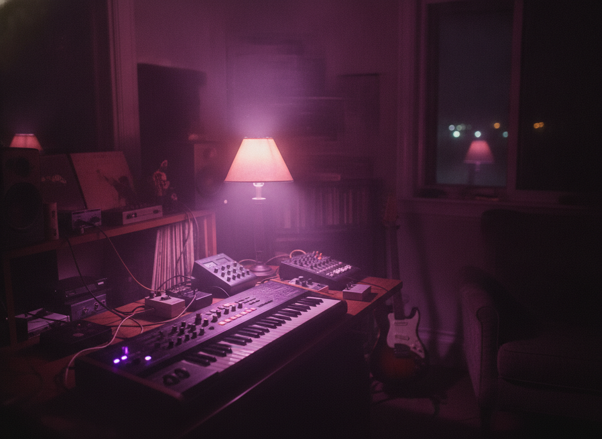 A dim home studio at night lit by soft violet lamps with a synthesizer and warm haze