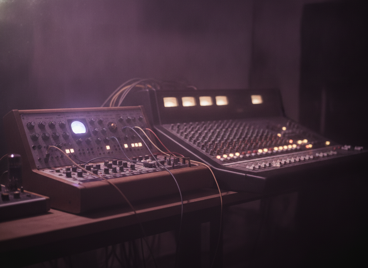 A synthesizer and mixing console glowing under soft violet light in a hazy dark room