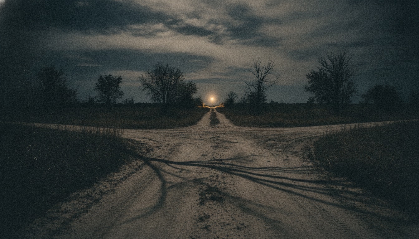 A dark lonesome crossroads at night under a moody sky with a single distant light
