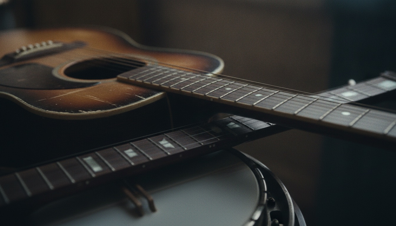 A worn acoustic guitar and a banjo neck in dark moody light