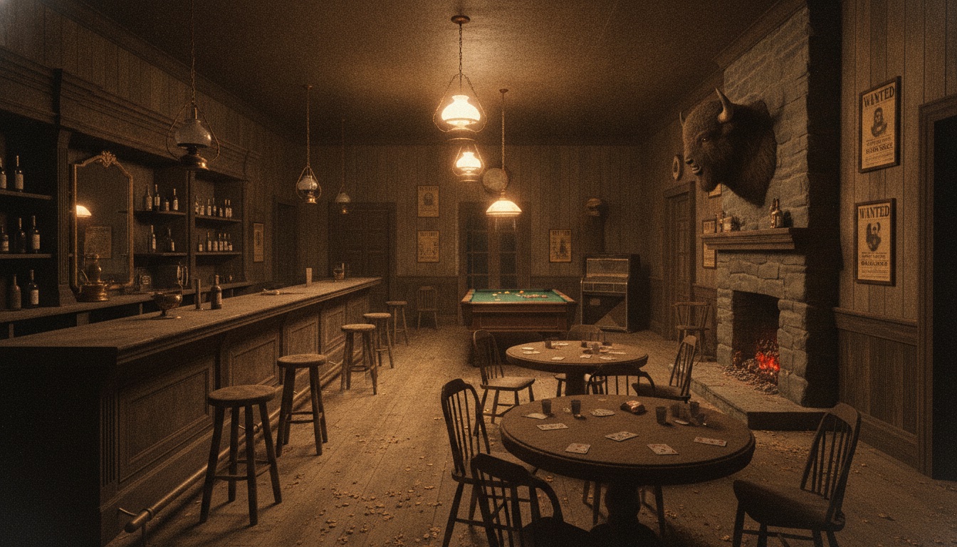 A dim old saloon interior at night with a wooden bar and warm lamplight