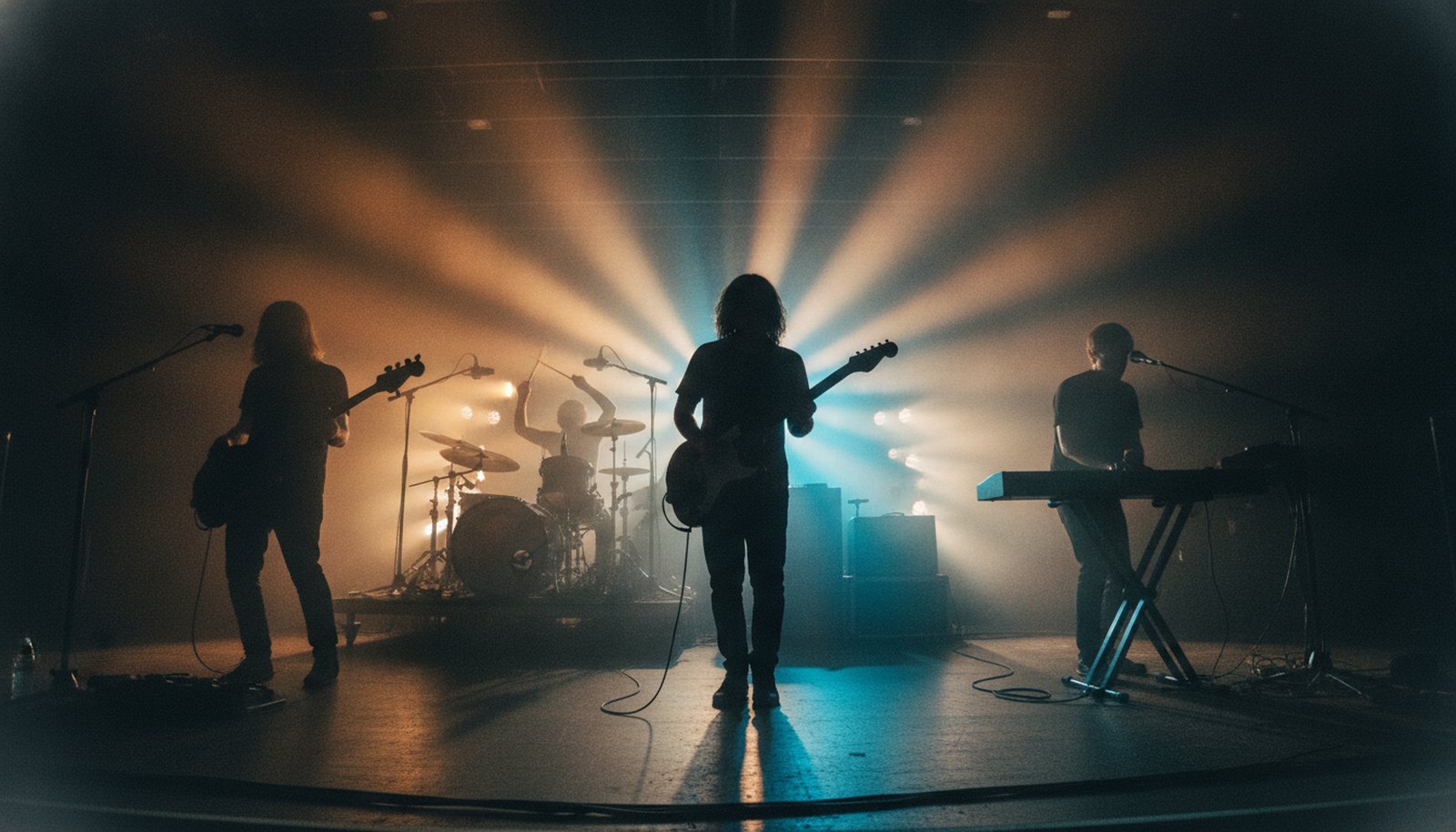 A four-piece instrumental jam band in silhouette on a dim stage led by a guitarist