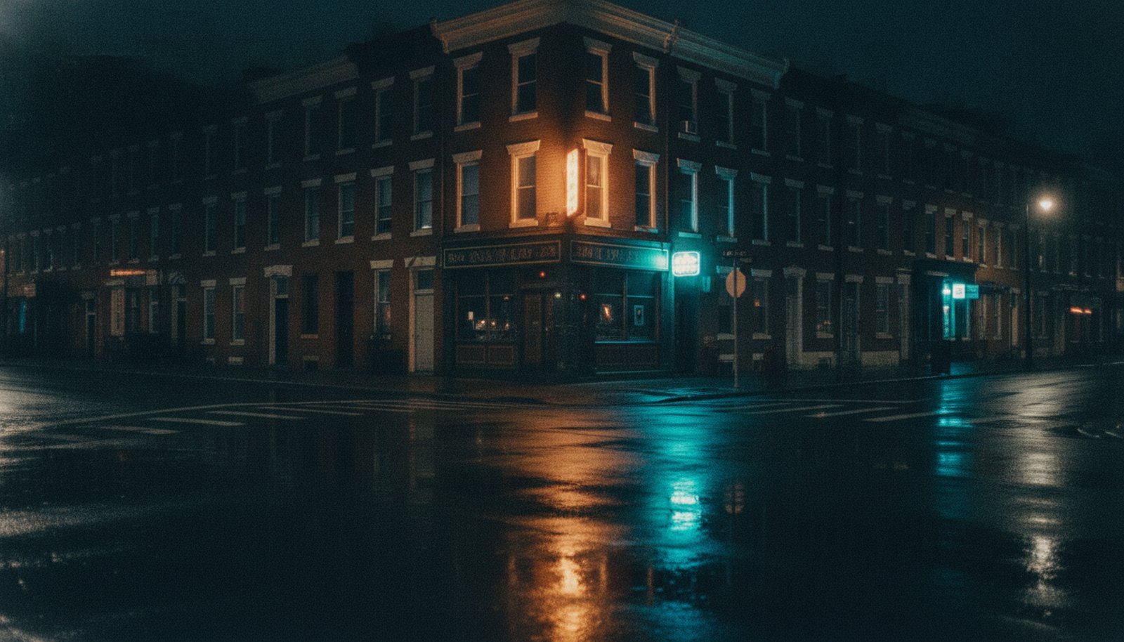 A Philadelphia city street at night, row houses and a corner bar glowing warm, wet pavement reflecting neon