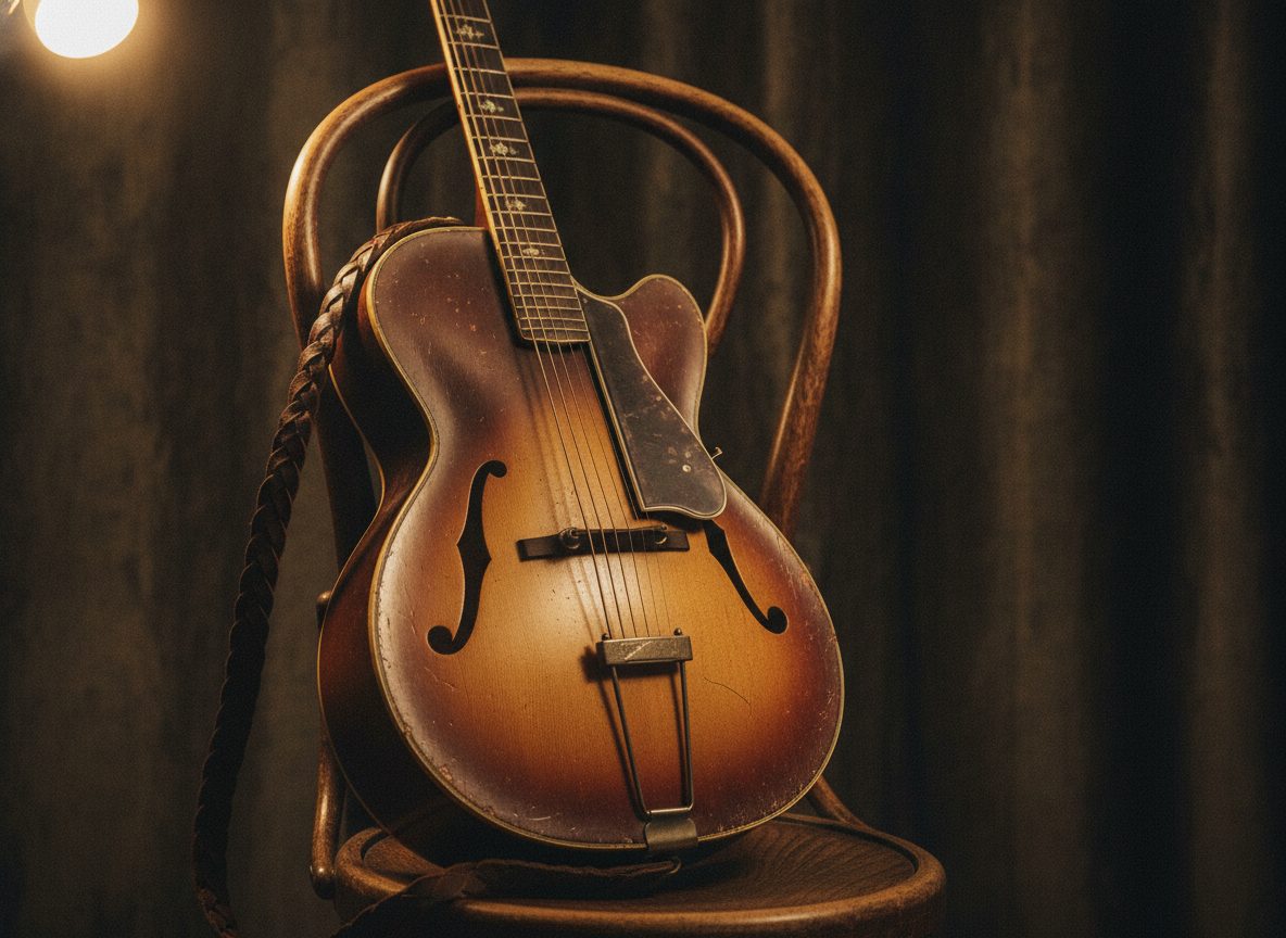 A vintage acoustic archtop guitar resting on a chair in warm lamplight against a dark room