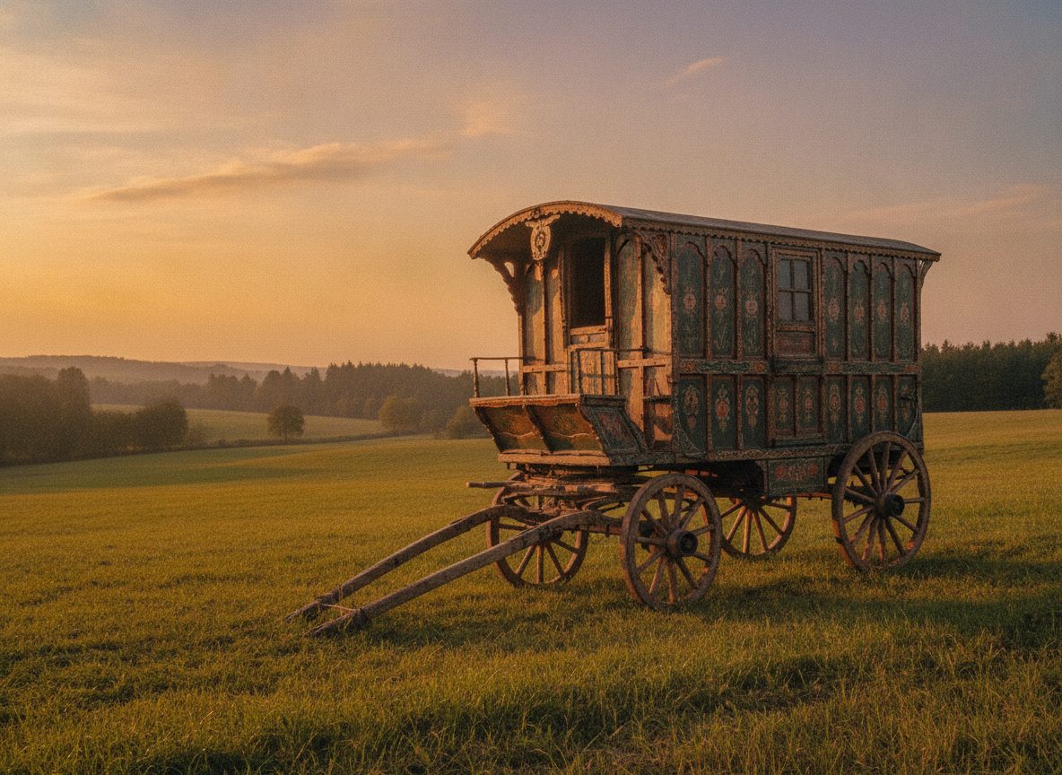 A traditional wooden Romani caravan wagon parked at the edge of a field at dusk