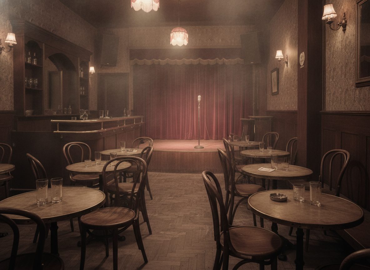A dim smoky Paris jazz club interior with empty bentwood chairs and a small stage under warm amber light