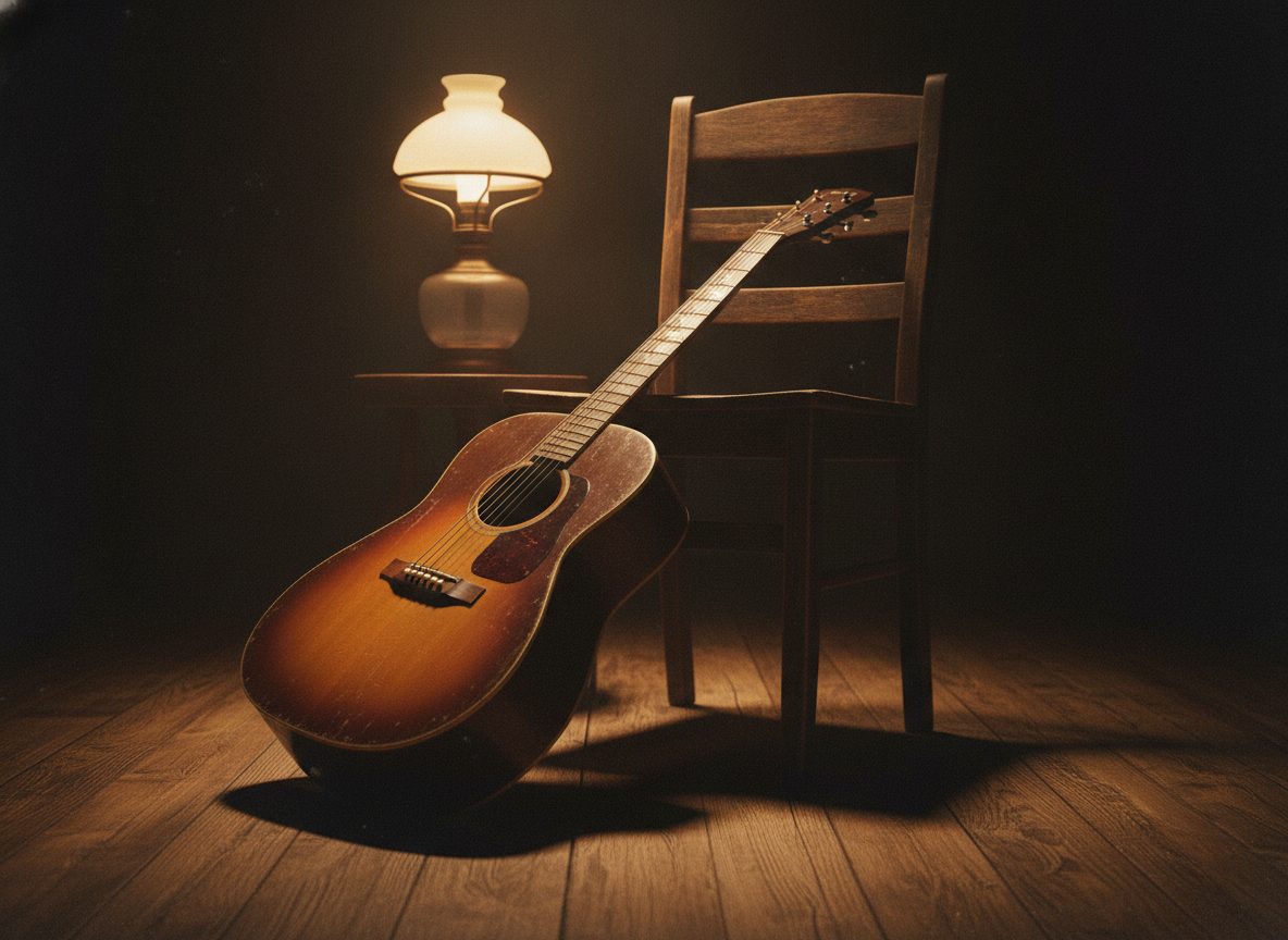 A vintage flat-top acoustic guitar resting on a wooden chair in warm lamplight against a dark room