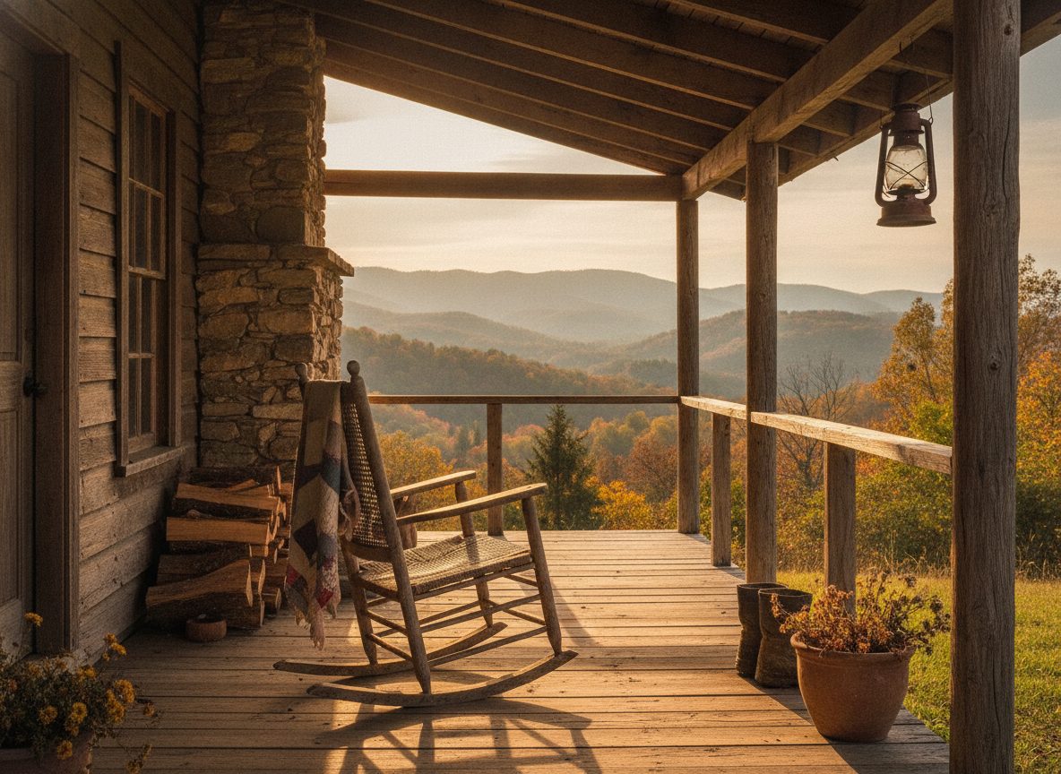 A weathered wooden mountain cabin porch with an empty cane rocking chair in warm afternoon light