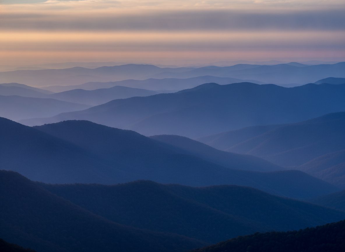 Layered blue ridges of the southern Appalachian mountains fading into a hazy dawn sky
