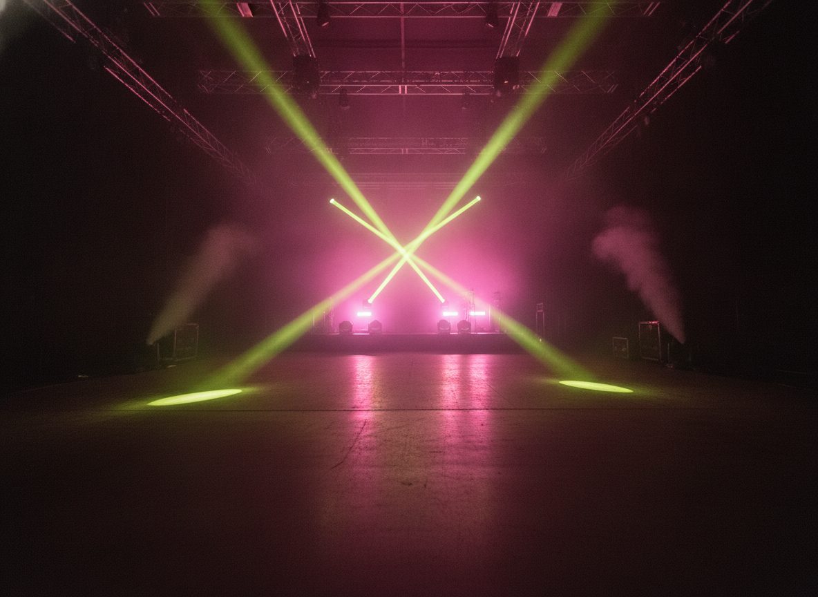 Bold magenta and green stage lighting cutting through haze over a bare performance stage