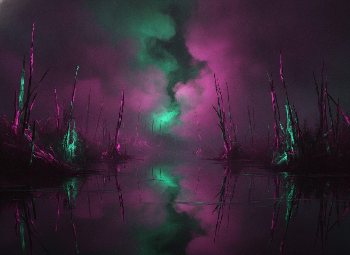 A surreal moody scene of bold pink and green stage light spilling across dark reeds and water