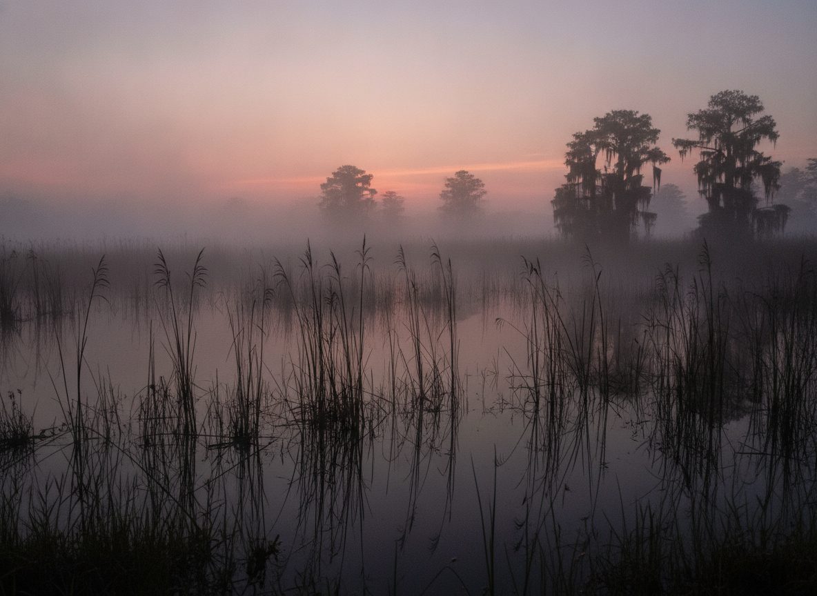 A misty Florida wetland at dusk with tall reeds and still dark water under a pink-tinged sky