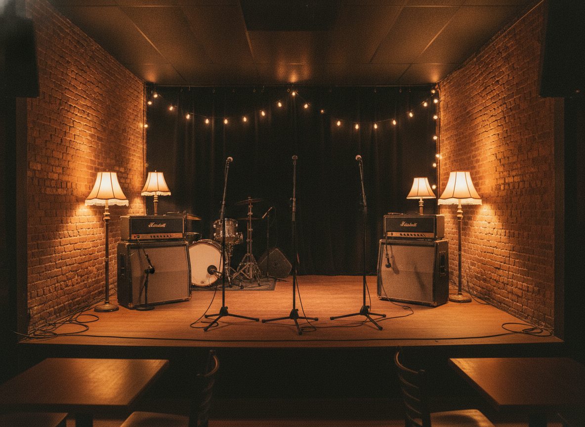 A small dim Northeast club stage with amps and warm lamplight before a show