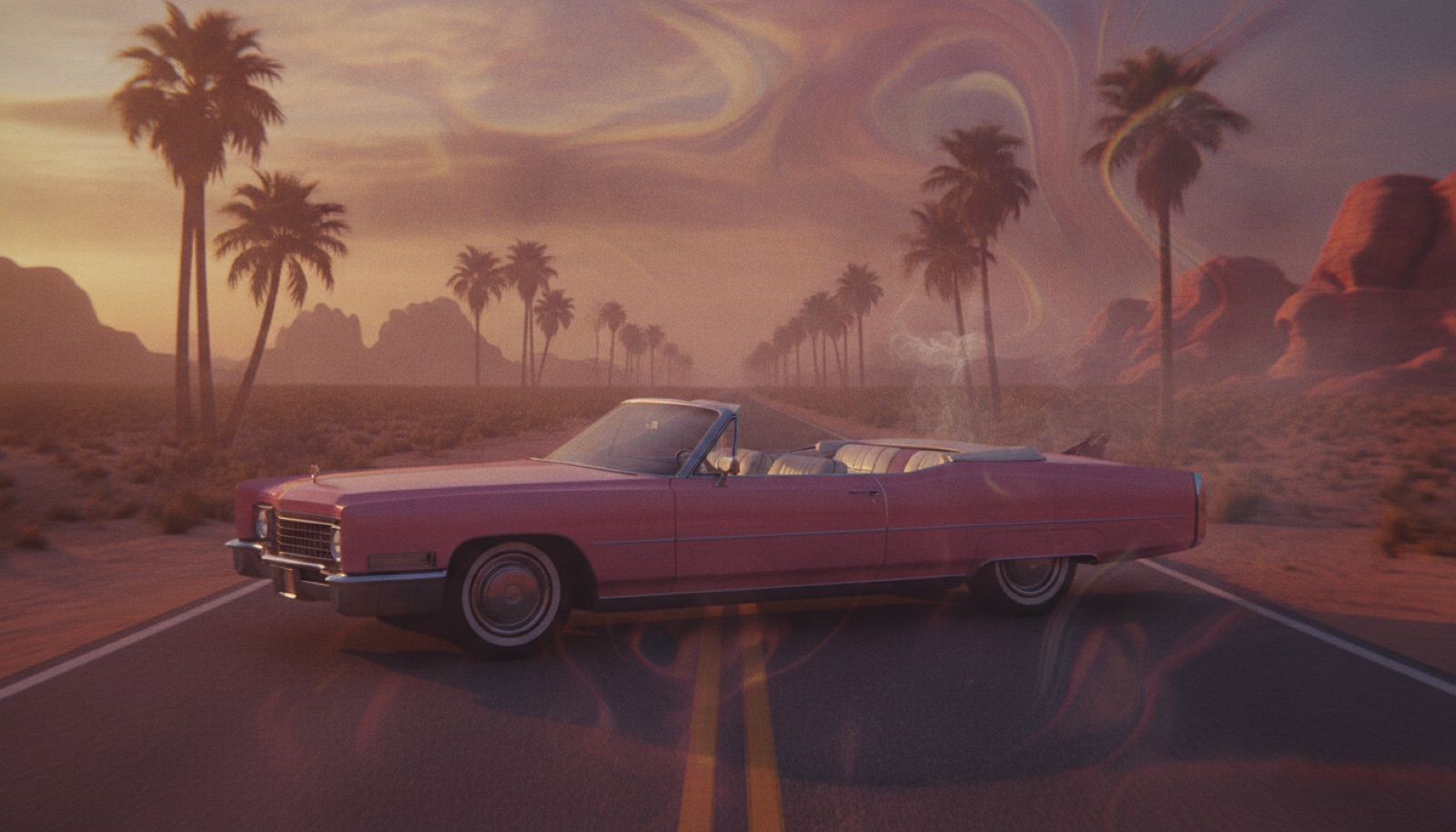 A vintage pink Cadillac parked on an empty desert highway at hazy golden dusk