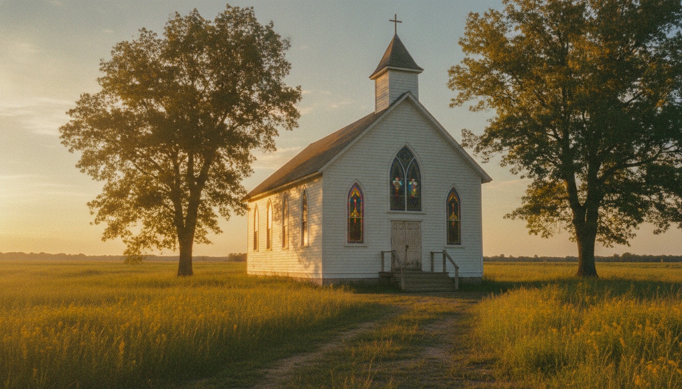 A white clapboard country church with stained glass at golden hour