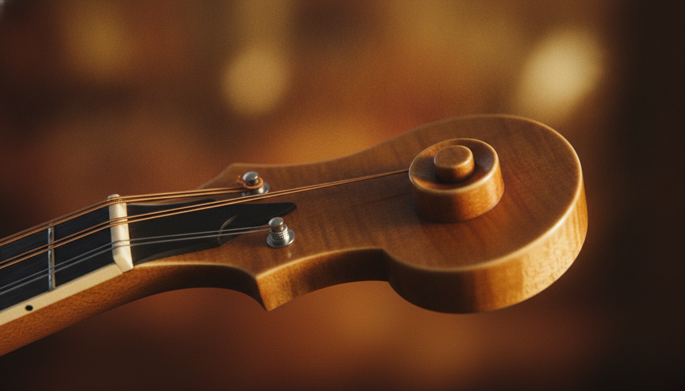 Close-up of an F-style mandolin scroll and strings in warm light