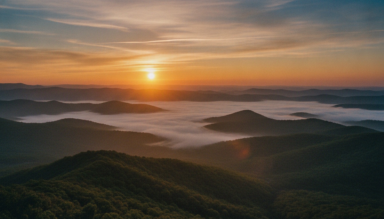 Rolling East Tennessee mountains at golden hour with mist in the valleys