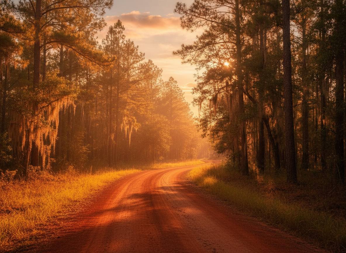 An empty two-lane blacktop running through pine woods and red clay in the rural Deep South under a hazy sky