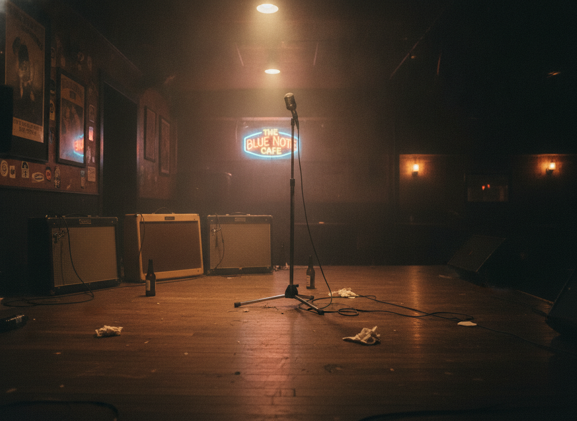 A dim Southern roadhouse bar stage with amplifiers, a worn wooden floor, and warm low light