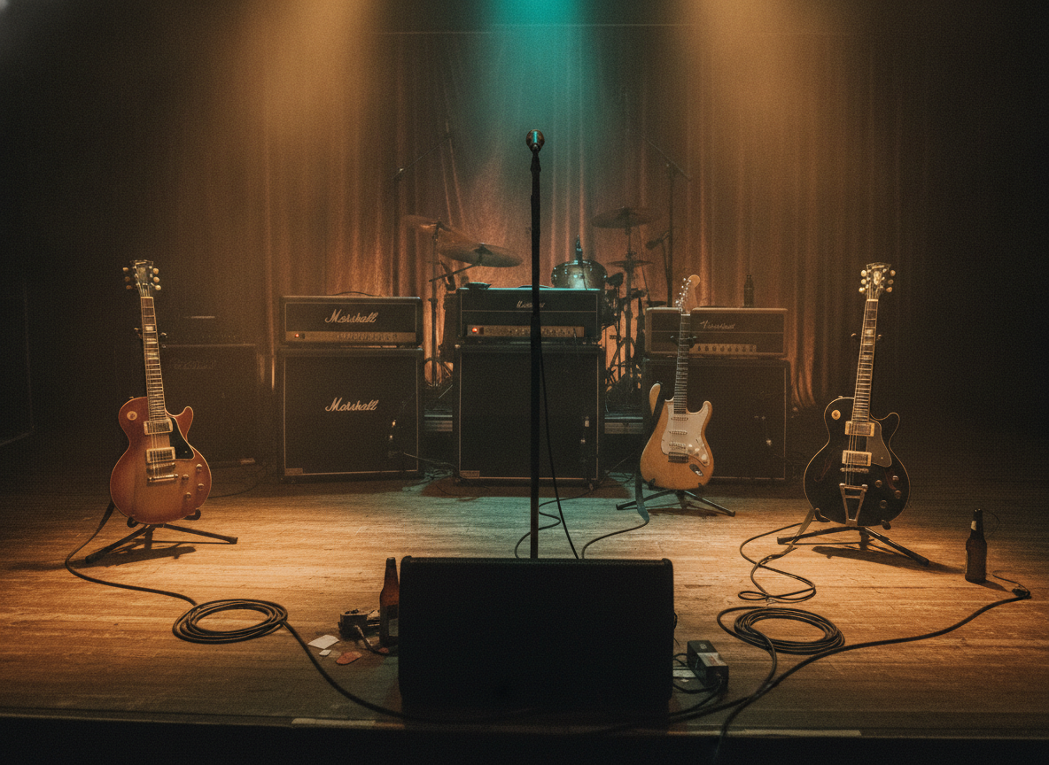 Three electric guitars and amplifiers arranged across a dark club stage under warm low light and haze
