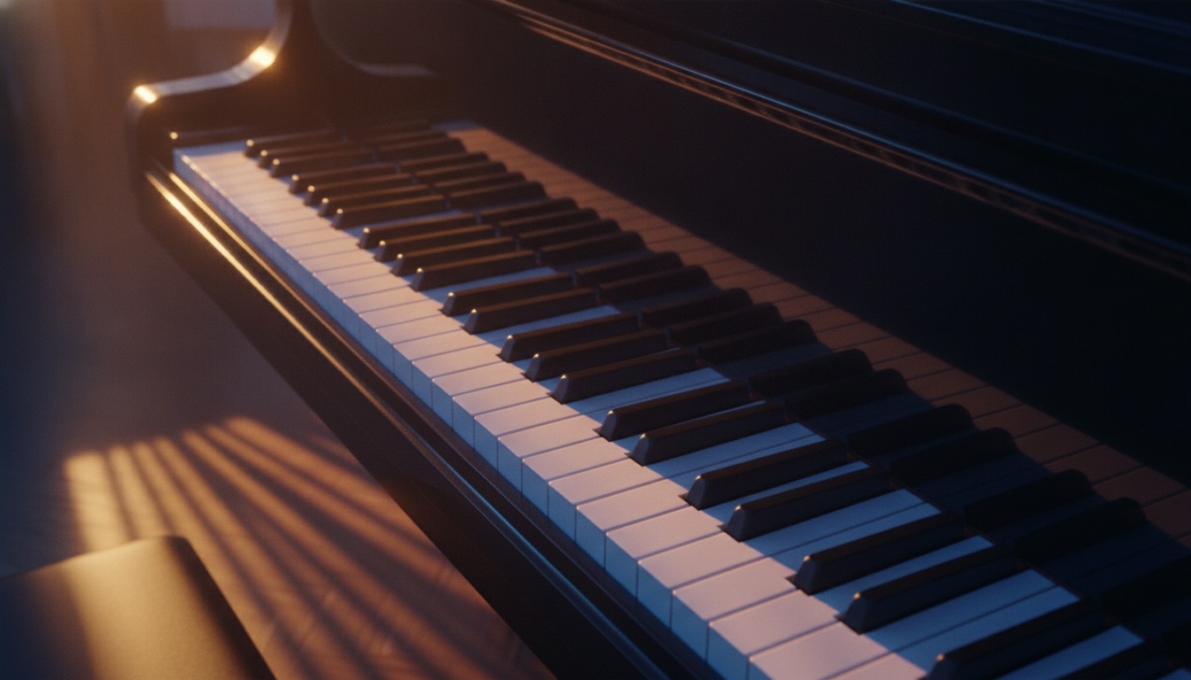 A grand piano keyboard under warm gold and deep blue art deco light, elegant