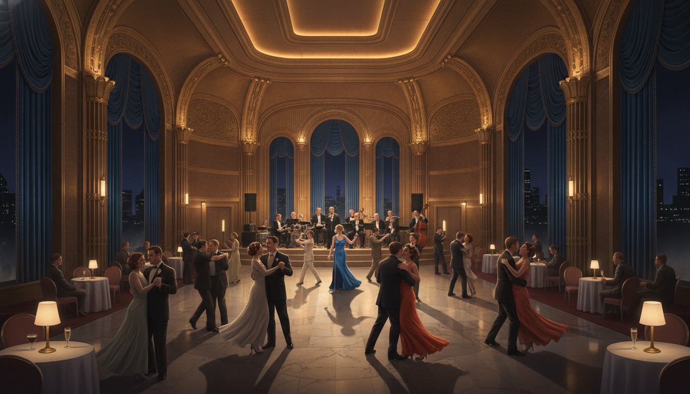 An elegant 1940s jazz ballroom with art deco gold detailing and deep blue shadow, sophisticated