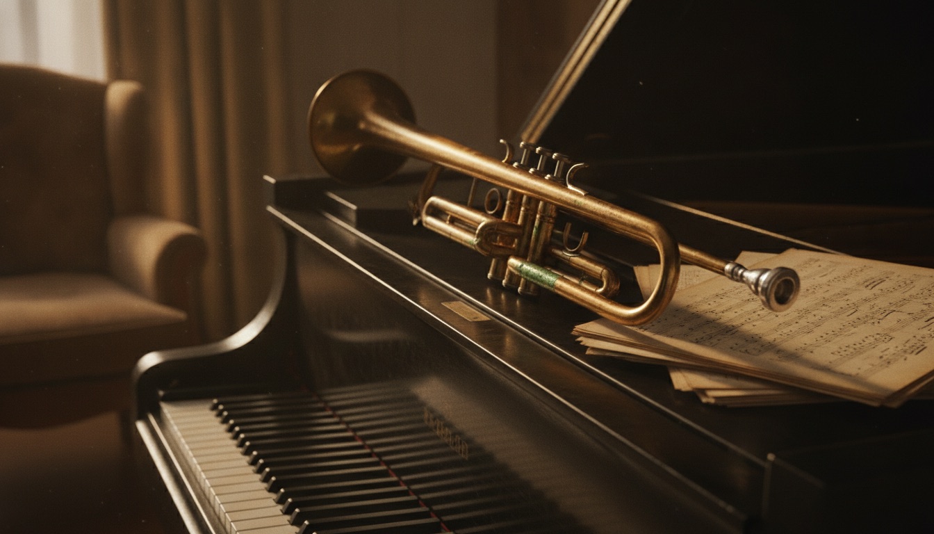 A vintage brass trumpet and sheet music on a piano under warm gold light
