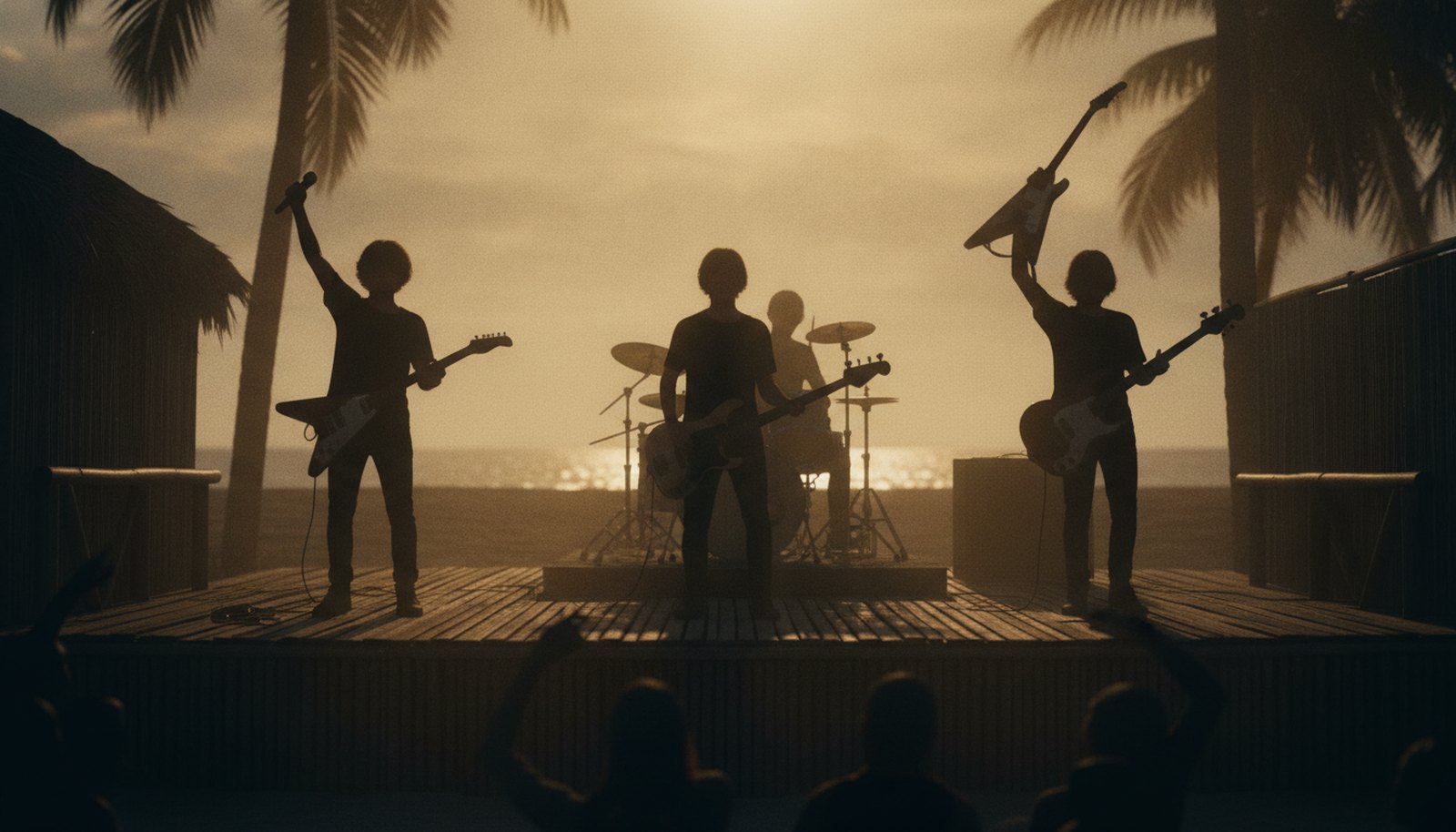 A four-piece young rock band in silhouette on an outdoor beach-bar stage at sunset