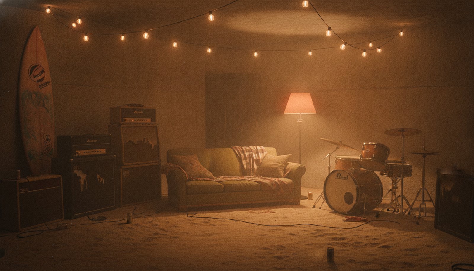A sandy basement practice space at night with a surfboard on the wall, amps and a drum kit under string lights