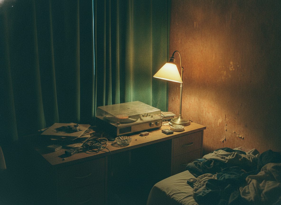 A dim curtained room with a dusty record player and a single lamp, soft grain and low light