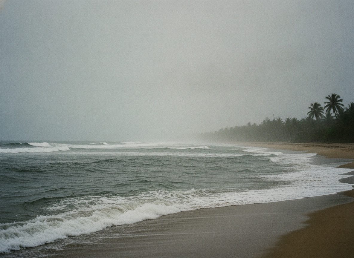 An overcast tropical coastline with grey sky and dark water, distant palms softened by haze