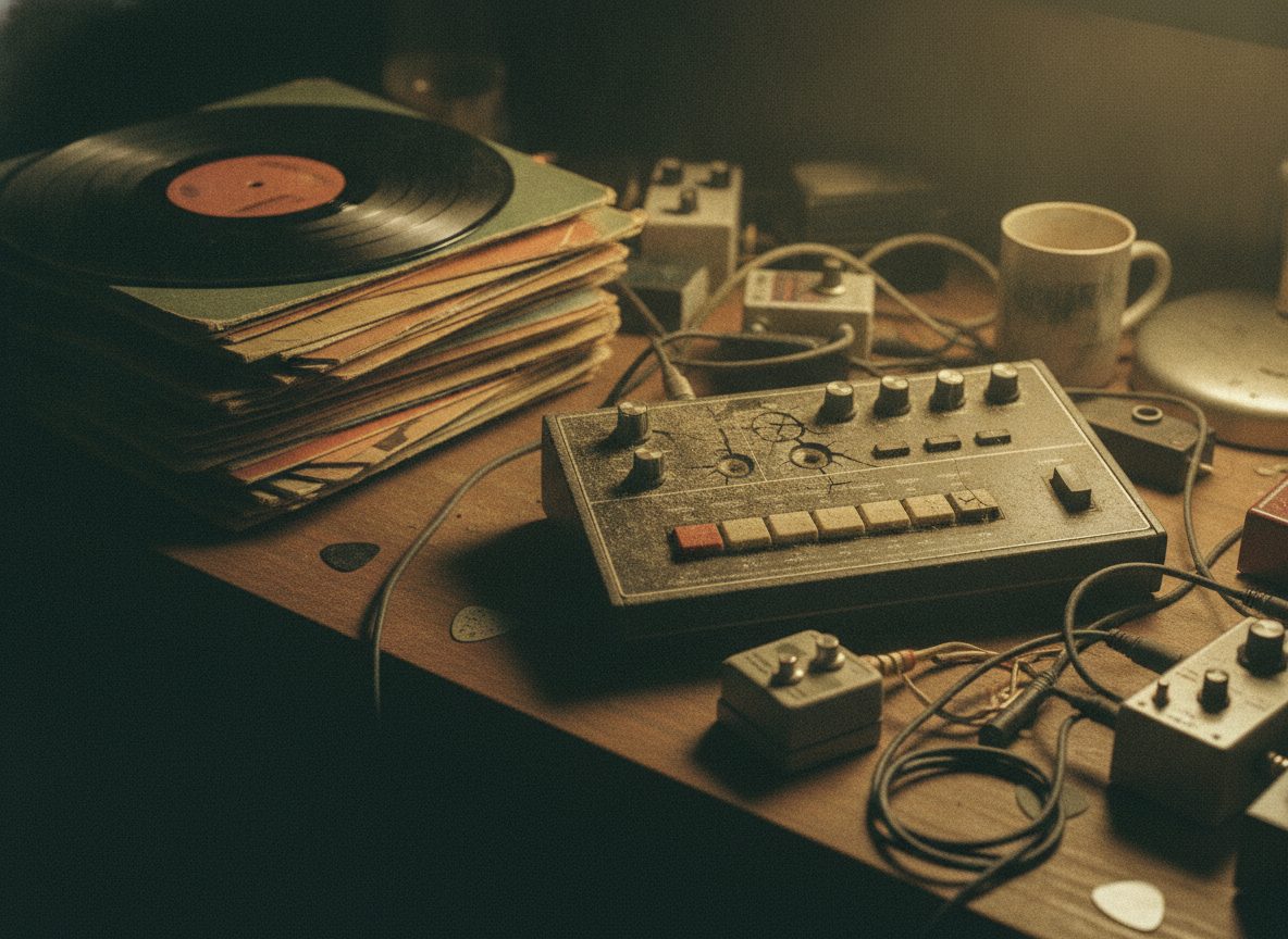 A close view of a worn sampler and stacks of vinyl on a cluttered desk in warm low light