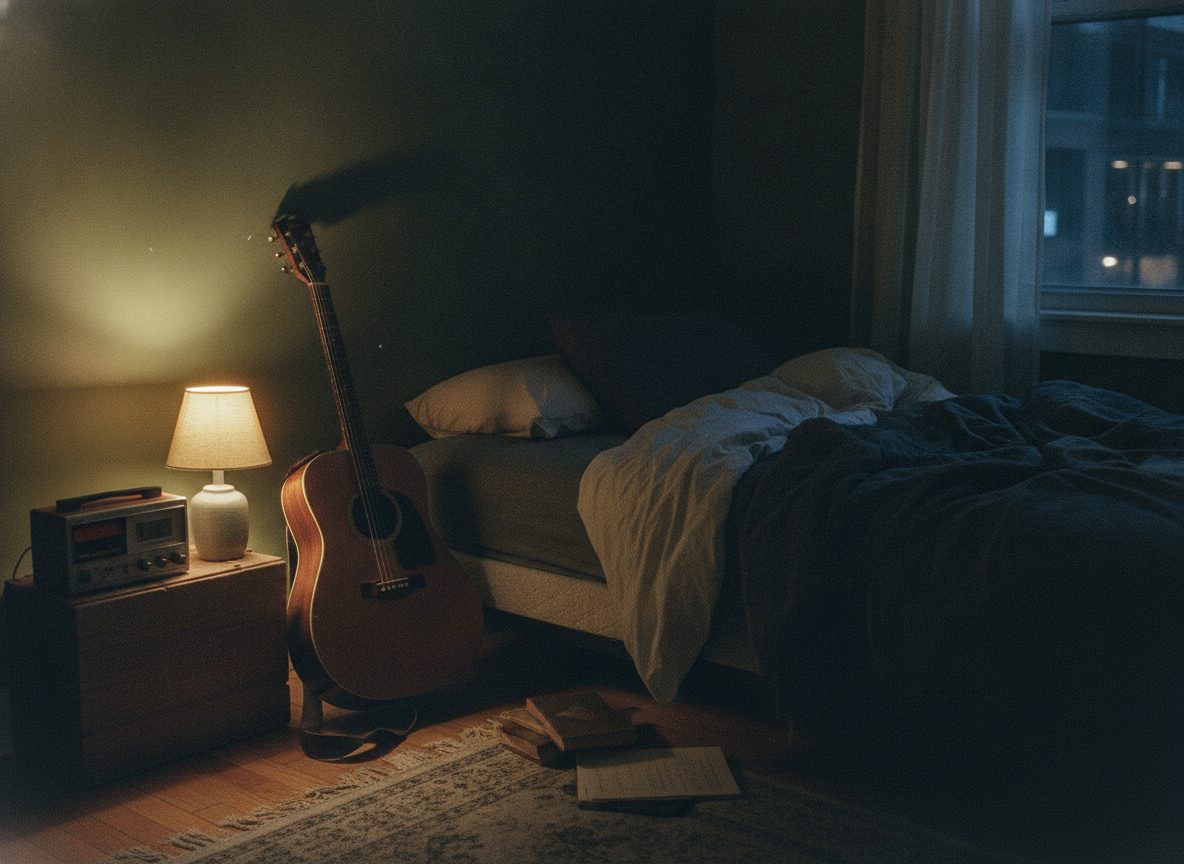 A dim intimate bedroom corner with an acoustic guitar leaning by an unmade bed and a small lamp