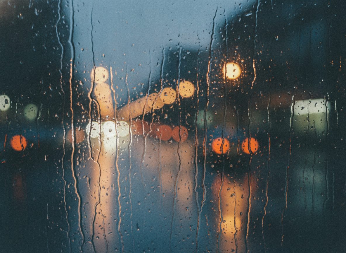 A rain-streaked city window at night with blurred amber streetlights beyond the wet glass