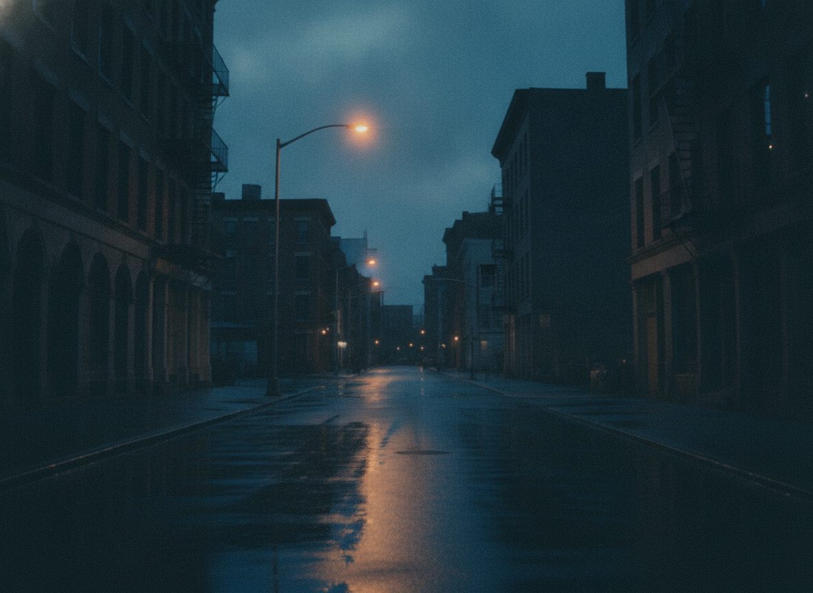 A lone streetlight glowing over an empty wet city street at night, soft blue and amber tones