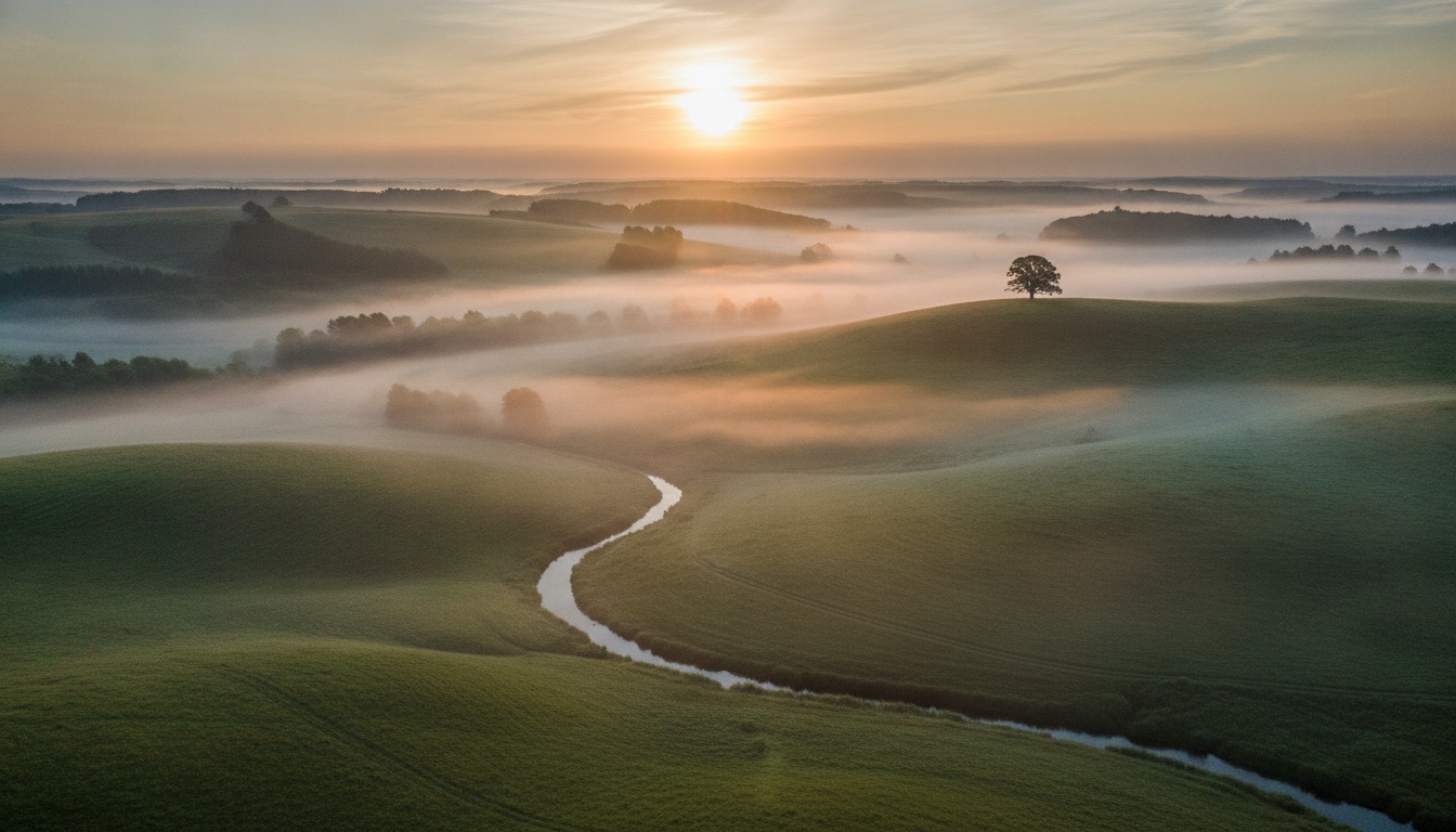 A misty dawn over rolling green country hills with silver and amber light