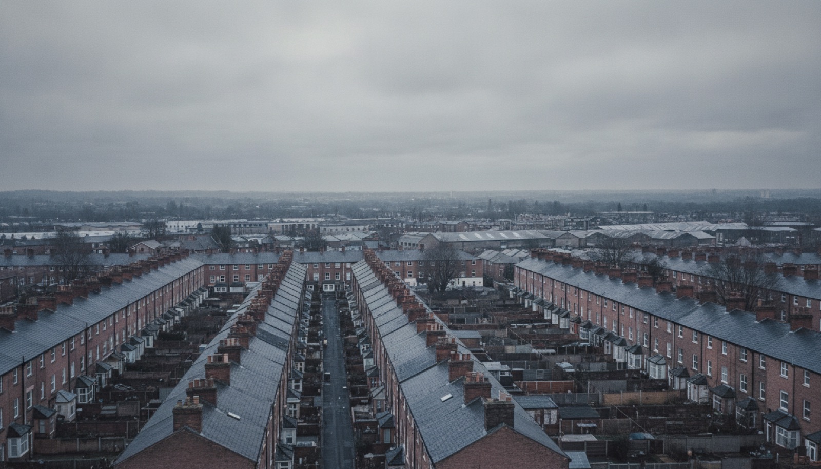 An overcast view across rooftops and terraced houses in a northern English city, muted colors